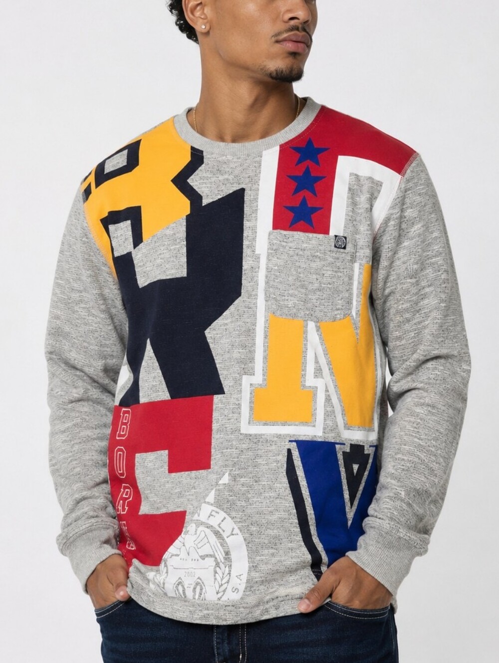 Born Fly Anytown USA Patchwork Sweatshirt Men's Small Gray Y2K Streetwear